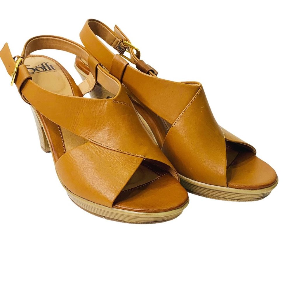 *SOLD* Sofft Womens Size 9.5 Open Toe Slingback Heels Shoes Sandals Tan Leather - Picture 2 of 12
